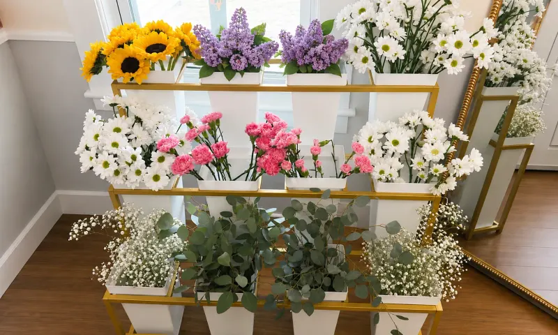 The Traveling Bloom cart fully set up with flowers for an event